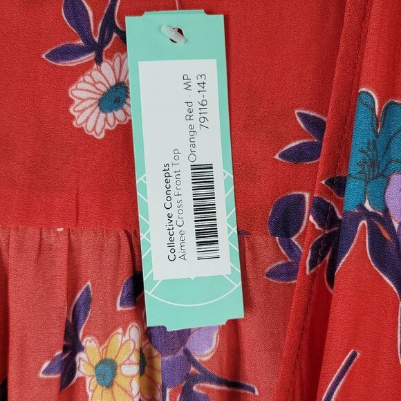 Collective Concept Aimee Floral Top Red Orange Petite Medium Cross Front NWT - Picture 7 of 9